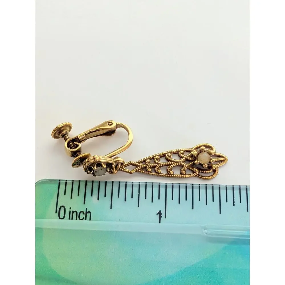 Vintage Antique Gold Tone Filigree Art Deco Faux Pearl Dangle Clip On Earrings